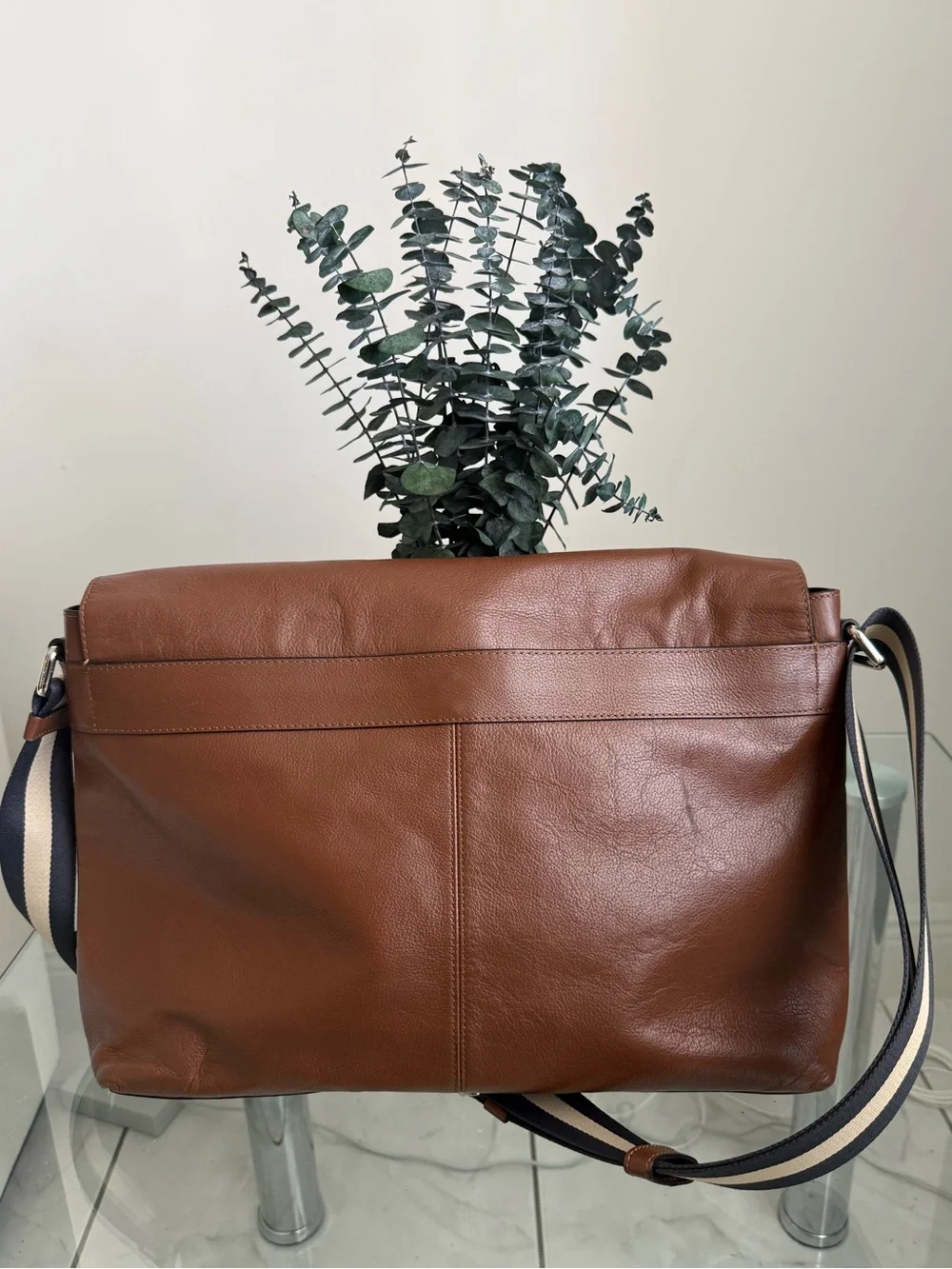 Coach Brown Leather Messenger Bag with Striped Strap
